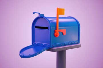 Poster - A blue mailbox with an orange flag and open door on a purple background.