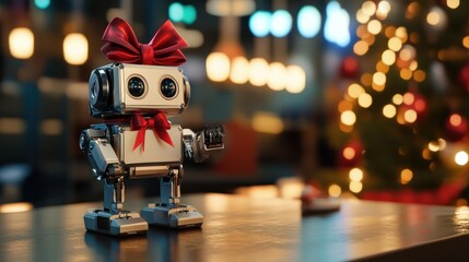 Poster - A toy robot with a red bow on its head stands on a table, Gift box transforming into a robot, AI Generated