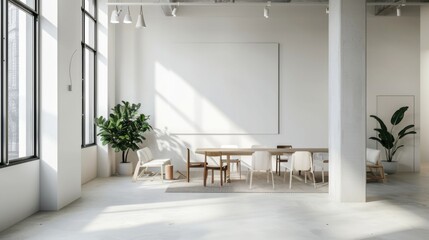 Poster - A modern and chic coworking space design with a pristine white canvas backdrop, Sleek and functional minimalist workspace essentials, Urban minimalist style