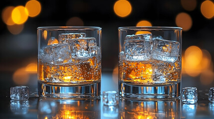 Two Glasses of Cold Drink with Ice Cubes - Realistic Photo