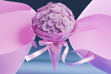 Fototapete - A pink bouquet of flowers tied with a ribbon  floating in the air.