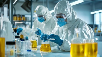 Workers preparing chemical solutions for industrial use, with protective gear