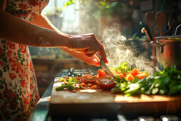 Woman is cutting vegetables on a wooden cutting board. The vegetables include tomatoes, carrots, and green beans. The woman is wearing a floral dress and she is in a relaxed