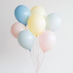 Wall Mural - a bunch of pastel-colored balloons including soft blue, yellow, and pink, floating in mid-air agains