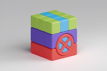 Aufkleber - A 3D model of a colorful cube with a blue circle on top  stacked on other colorful cubes.