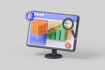 Poster - A 3D illustration of a computer monitor with a website  a graph  a magnifying glass and a gear.