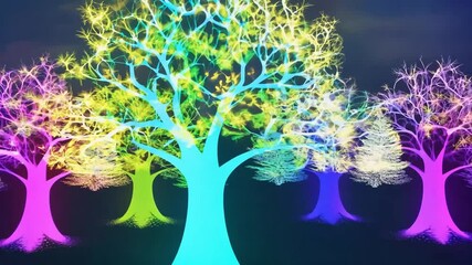 Wall Mural - Magical forest features glowing trees transforming through vibrant colors, creating a surreal and enchanting atmosphere