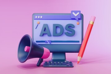 Poster - A computer screen displaying ADS with a megaphone and pencil  signifying online advertising.