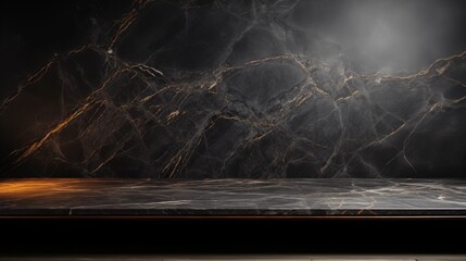 Wall Mural - modern black marble table against a dark wall, offering a sleek surface for luxury product presentat