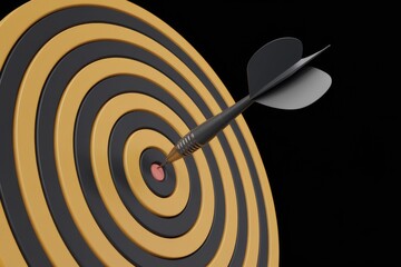 Poster - A black dart hits the bullseye of a yellow and black dartboard.