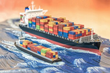 Poster - Two container ships sailing on a blue and orange water.