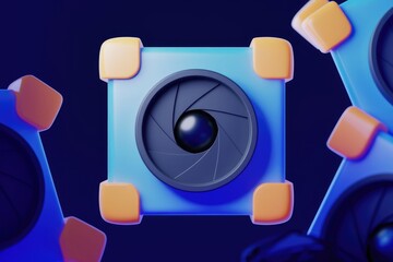 Poster - A 3D rendered camera icon with a blue and orange design.