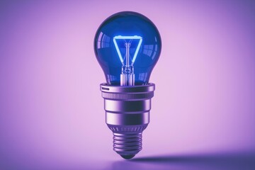 Poster - A glowing blue light bulb against a purple background  symbolizing innovation and ideas.
