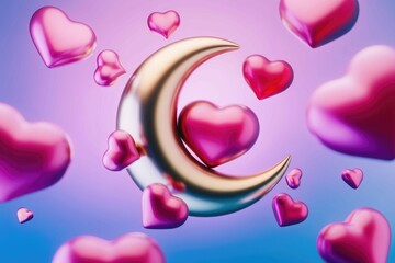 Poster - A golden crescent moon with pink hearts floating around it against a gradient background.