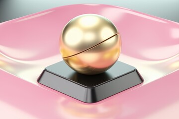 Poster - A golden sphere  bisected and resting on a black square platform  sits inside a pink bowl.
