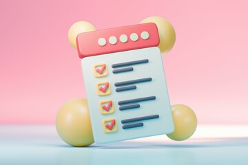 Aufkleber - 3D rendering of a checklist with checkmarks and a pink background.