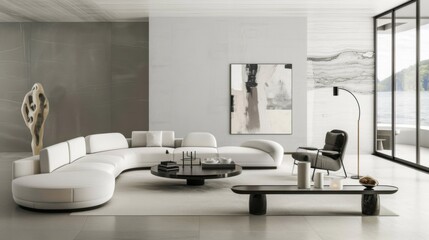 Aufkleber - A modern and minimalist living room design showcasing a white canvas backdrop, Strategically placed minimalist furniture, Minimalist futuristic style