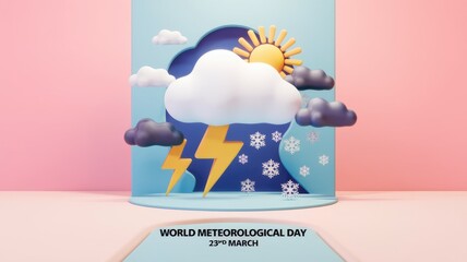 Poster - 3D illustration depicting various weather elements for World Meteorological Day.