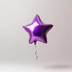 Wall Mural - A shiny purple balloon shaped like a star, floating mid-air against a soft white background, perfect for a festive celebration or party