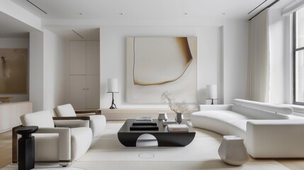 Aufkleber - A modern and minimalist living room design showcasing a white canvas backdrop, Strategically placed minimalist furniture, Minimalist futuristic style