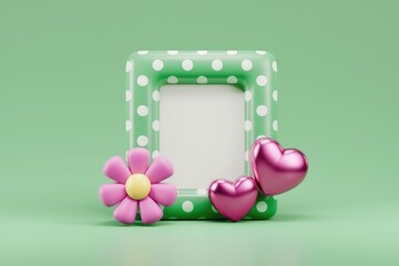 Poster - A green polka dot frame with a pink flower and two hearts.
