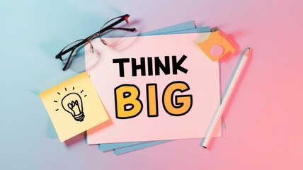Aufkleber - A white paper with the words Think Big written in bold  surrounded by office supplies.
