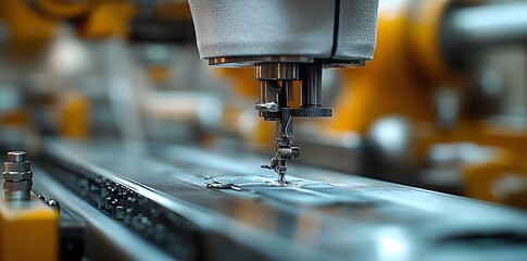 Poster - A close-up of an industrial sewing machine in operation, focusing on precision and craftsmanship.