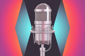 Poster - A vintage microphone stands against a colorful backdrop  ready to capture sound.