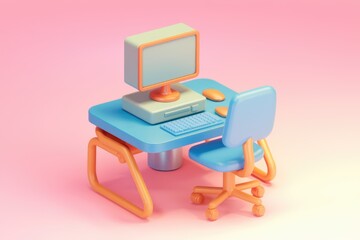 Aufkleber - A 3D rendering of a simple computer desk with a chair.