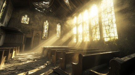 Wall Mural - Sunlight Streaming Through Windows of Abandoned Church