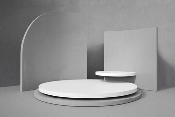 Aufkleber - A minimalist product display with white circular platforms and gray walls.
