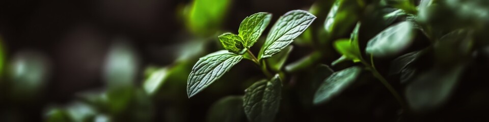 close-up of fresh green mint leaves in natural environment