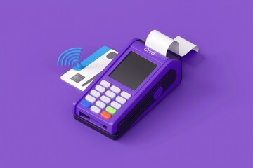 Aufkleber - A purple POS terminal with a credit card inserted  a receipt printing  and a wireless signal icon.