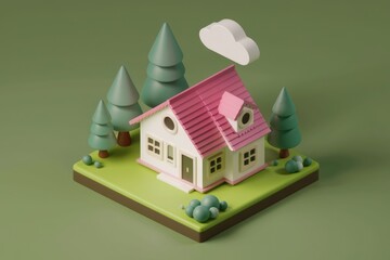 Poster - A cute  3D rendered illustration of a small house with a pink roof  surrounded by trees and a cloud.