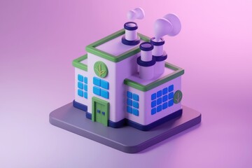 Poster - A 3D rendering of a small  white factory building with green accents and smoke stacks.