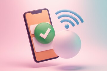 Leinwandbilder - A smartphone with a green checkmark icon and a wifi symbol  indicating a successful connection.