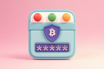 Poster - A 3D rendering of a blue Bitcoin wallet with a shield and password.