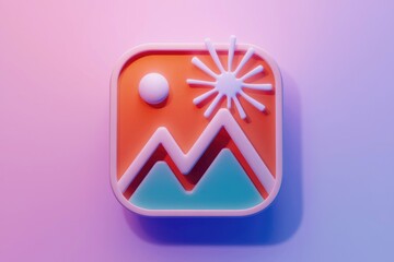 Poster - A 3D icon depicting a landscape with mountains  sun and sky.
