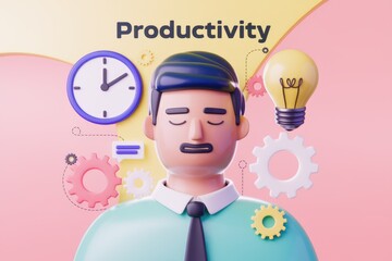 Leinwandbilder - A 3D illustration of a man symbolizing productivity with time  ideas and gears.