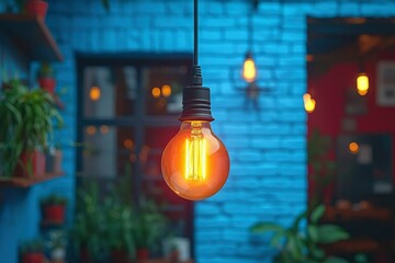 Wall Mural - Glowing Light Bulb Hanging in Front of a Blue Brick Wall