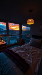 Interior of bedroom with knitted plaid on bed and glowing lamps late in evening. bedroom. Ultra realistic. Photorealistic