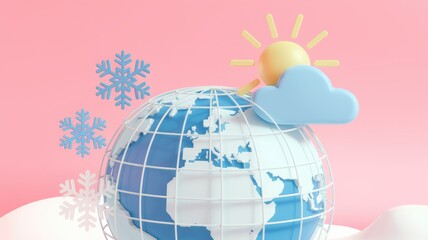 Poster - A 3D rendering of Earth with a sun and a cloud  symbolizing weather and climate.