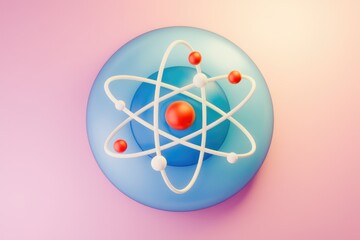Poster - a 3d model of an atom with a nucleus and orbiting electrons.