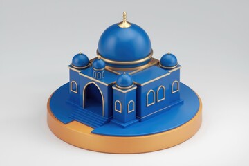 Poster - A miniature blue mosque with golden accents  rendered in a 3D style.
