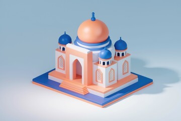 Poster - A 3D rendering of a mosque with intricate details and a blue and orange color scheme.