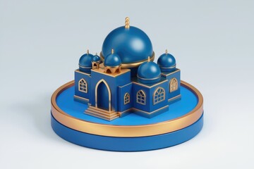 Aufkleber - A 3D model of a blue and gold mosque with intricate details.