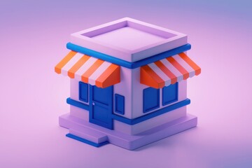 Poster - A 3D illustration of a simple storefront with orange and white awning.