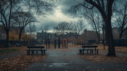 Poster - Empty Playground in a City Park with Bare Trees and Fallen Leaves