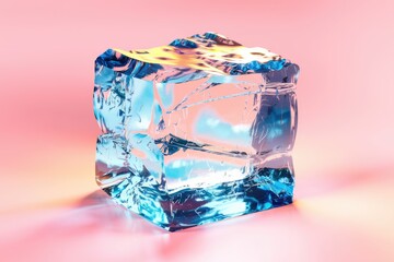 Poster - A single  clear ice cube with a blue hue  isolated on a pink background.