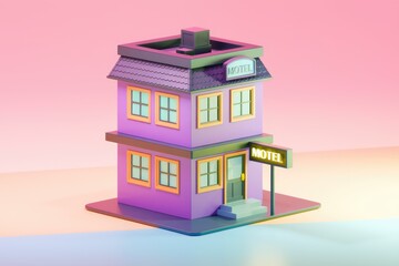 Aufkleber - A cartoon style 3D model of a purple motel building.